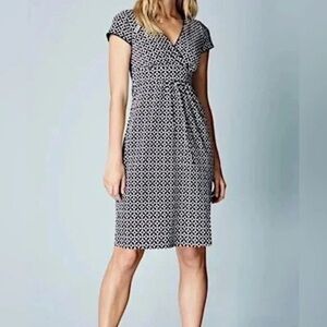 Boden Jersey Faux Wrap Dress Navy White Geometric Print Cap Sleeve Size 10R